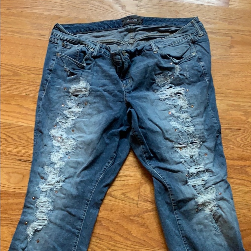 Torrid premium distressed, bejeweled jeans.